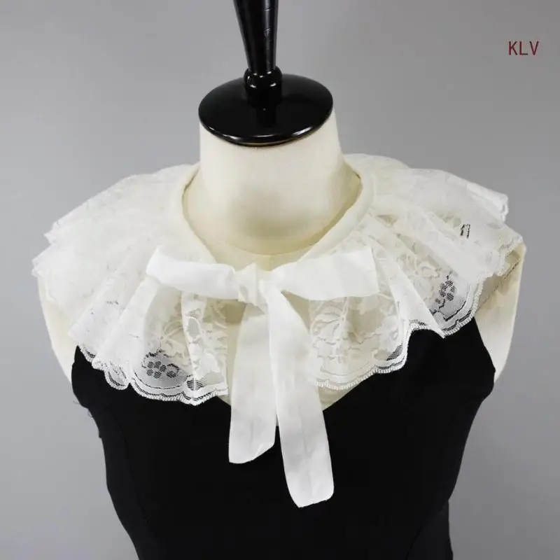 

Women Delicate Neck Decoration Fake Collar Ruffled Lace Choker Shawl Adjustable Ribbon Ties Capelet with Pleated Detail