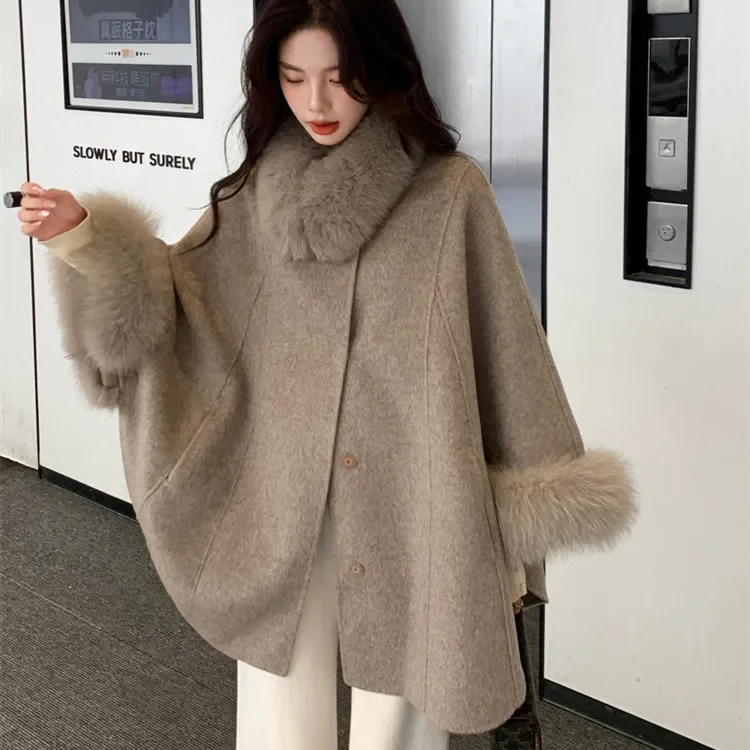 

Double-sided cashmere coat women's 2023 autumn and winter new medium and long high-end cape fox fur collar woolen coat