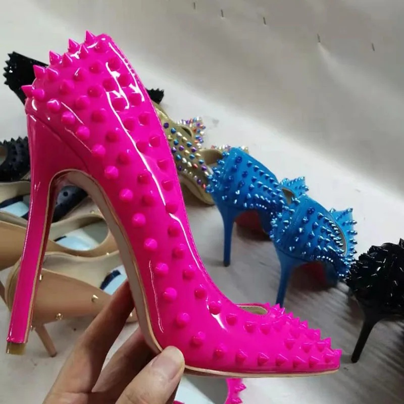 Hot sale Full Rivets Studded Pumps Rose Colors Metal Spikes High Heels Female Shoes Evening Patent Leather Pointed Toe Pumps