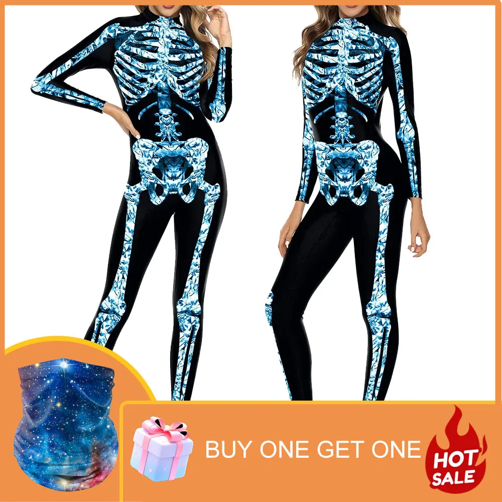 Karneval lustige gruselige Schädel Digitaldruck Overall Bodysuit Frauen Halloween Cosplay Kostüm Urlaub Party Halstuch Catsuit