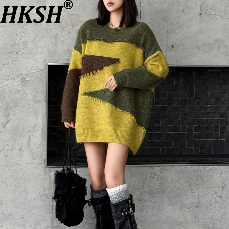 

HKSH 2025 Autumn Winter New Women's Sweater O-neck Pullover Long Sleeves Color Block Versatile Trend Casual Knitted Tops HK16111