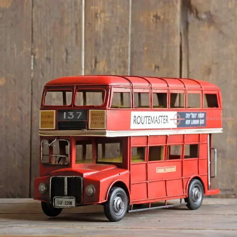 Vintage Handmade Metal Car British London Double-decker Bus Model Home Decoration Props Ornaments