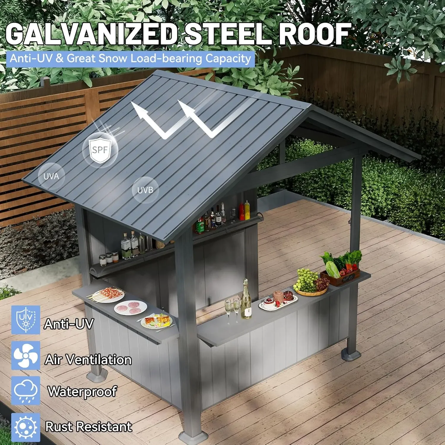 ！@9.4X6.2 FT Outdoor Hardtop Grill Gazebo with Storage Shelves & Resin Shade System, Galvanized Steel Metal Hard Top Gazebo