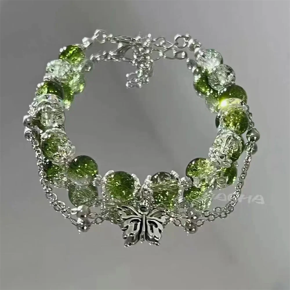 Green Sweet Niche Design Super Fairy Butterfly Bracelet for Women Bead Tassels Chain Elastic Bracelet Exquisite Girl Jewelry