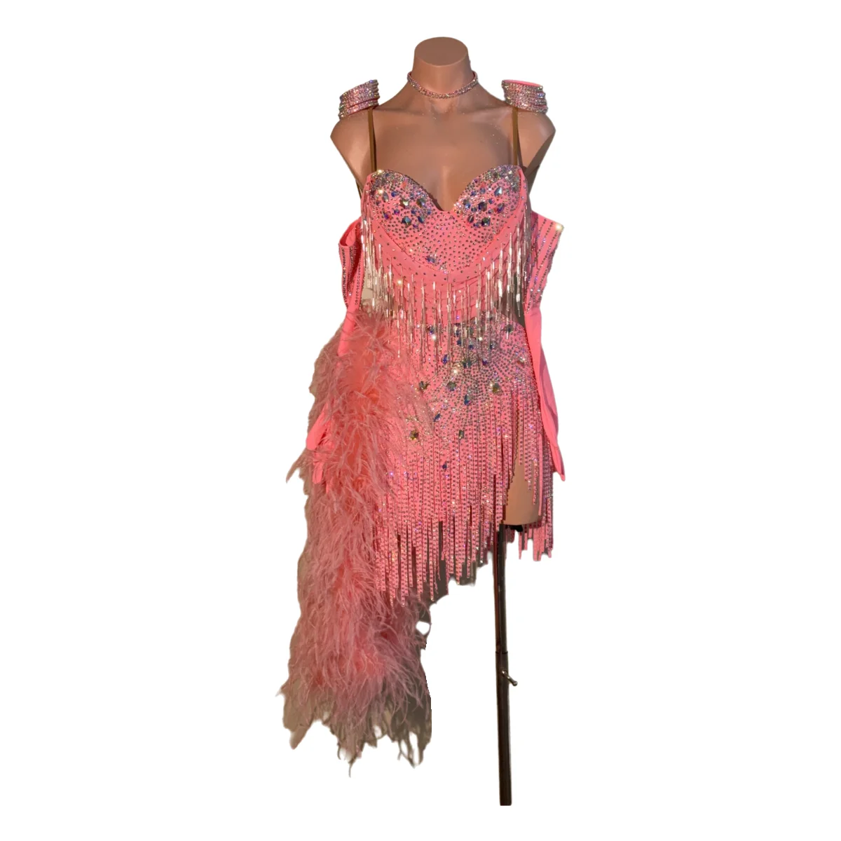 Latin Dance Adult Children's Dress AB Diamond High-End Custom Pink Plush Tassel Suspender Professional Dance Costume