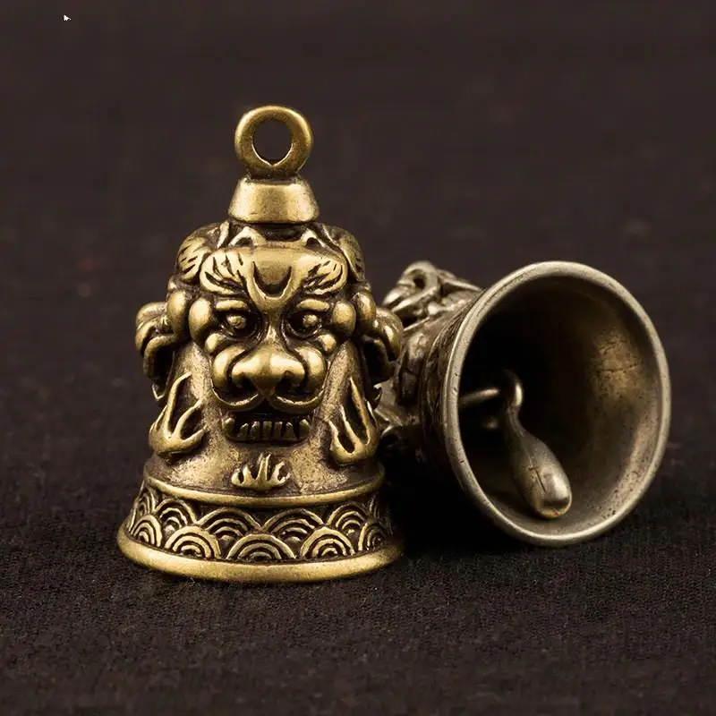 2pcs Three Lions Head Bell Small Ornaments Desk Feng Shui Decorations Retro Brass Keychain Pendants Home Decor for Living Room