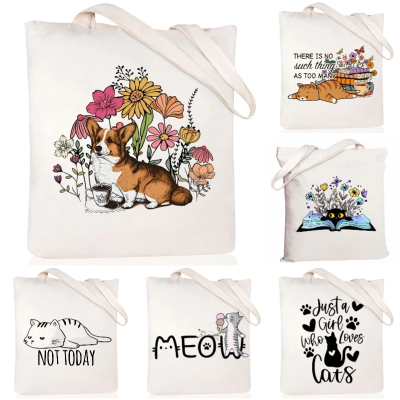 

Холщовая большая сумка с милым котом и собачьим принтом, очаровательная сумка на плечо с рисунком домашних животных, красочный дизайн с животными, универсальная сумка для повседневного использования, красивая