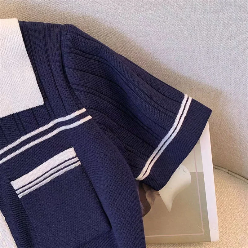 French Style Women\'s Dress Fashion New A-line Knitted Dresses for Women Polo Zipper Collar High Waist Short-sleeved Y2k Dress