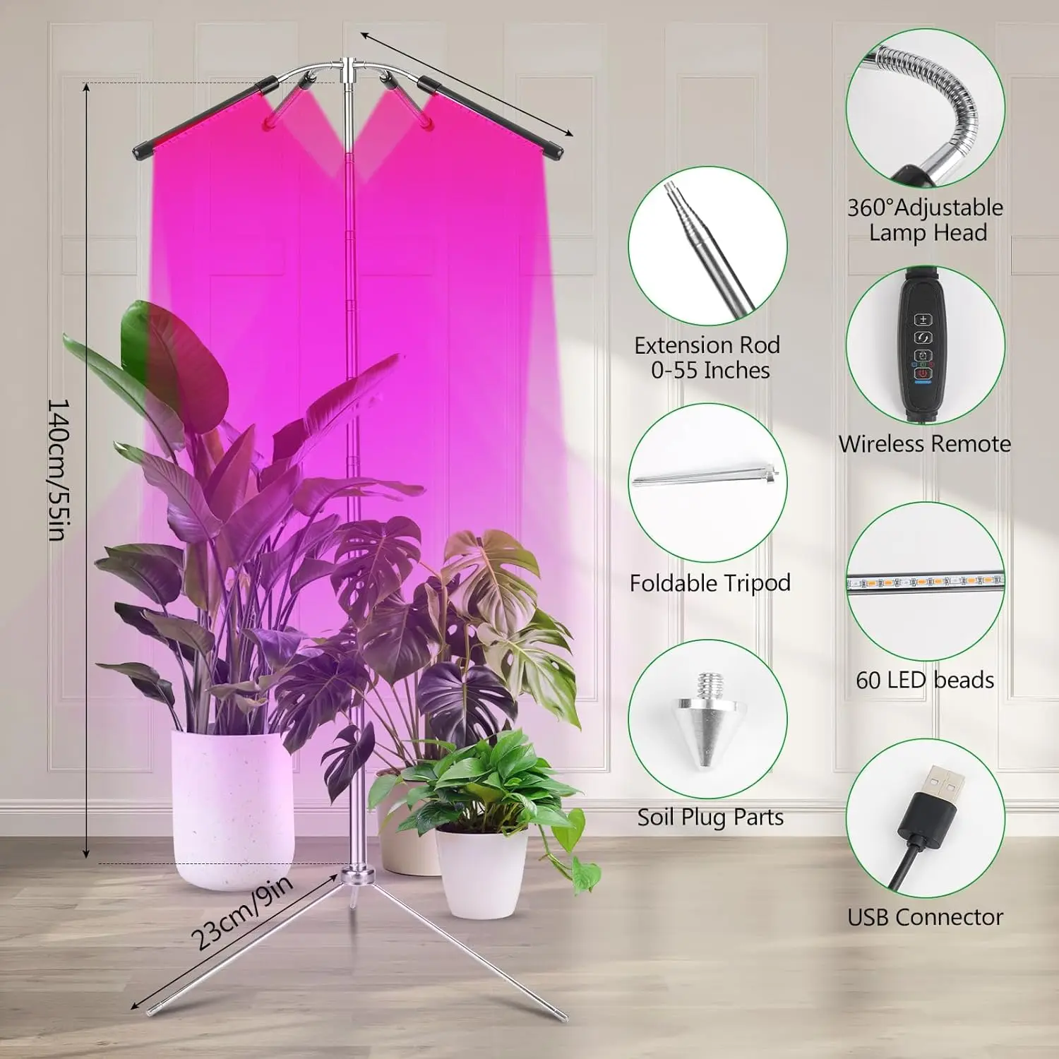 مصباح نمو نبات منزلي كامل الطيف ، مصباح نبات قابل للتعديل مع حامل ثلاثي القوائم قابل للإزالة ، ارتفاع 10-55"