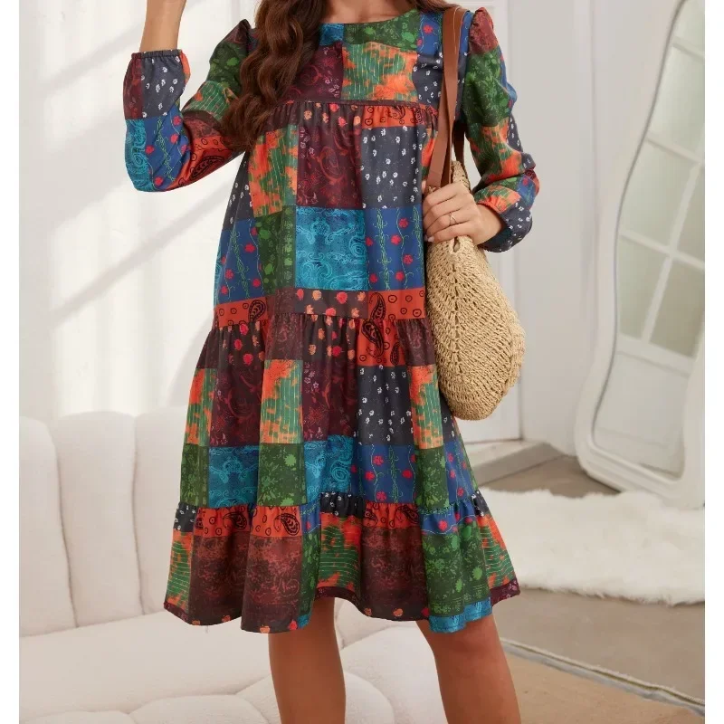 

Plus Size Women's Dress Color Block Patchwork Printing, Fashionable and Elegant Women's Long Sleeved Pleated Edge Dress