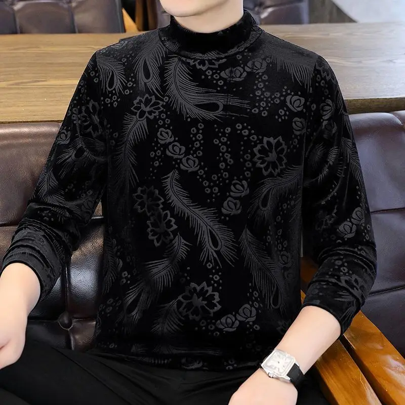 Vintage Plant&Flowers Printing Half High Collar Long Sleeve Pullover Men's Clothing Casual T-shirt Fashion Autumn Winter Tops