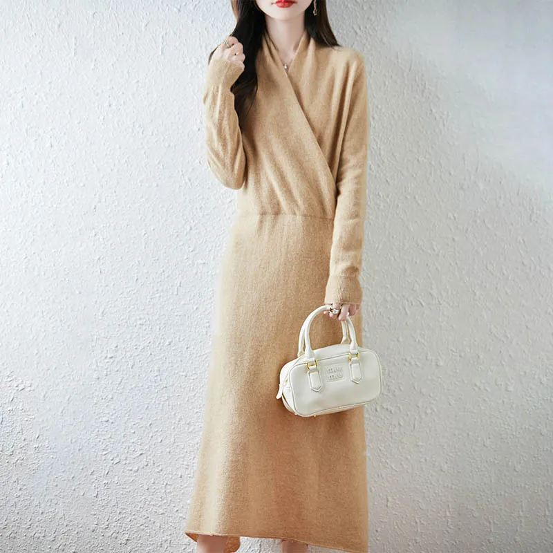 100% Wool Women's Long Dress, V-Neck Solid Color Slim Fit Knitted Dress, Autumn Winter Gentle Color Slim Woolen Maxi Dress