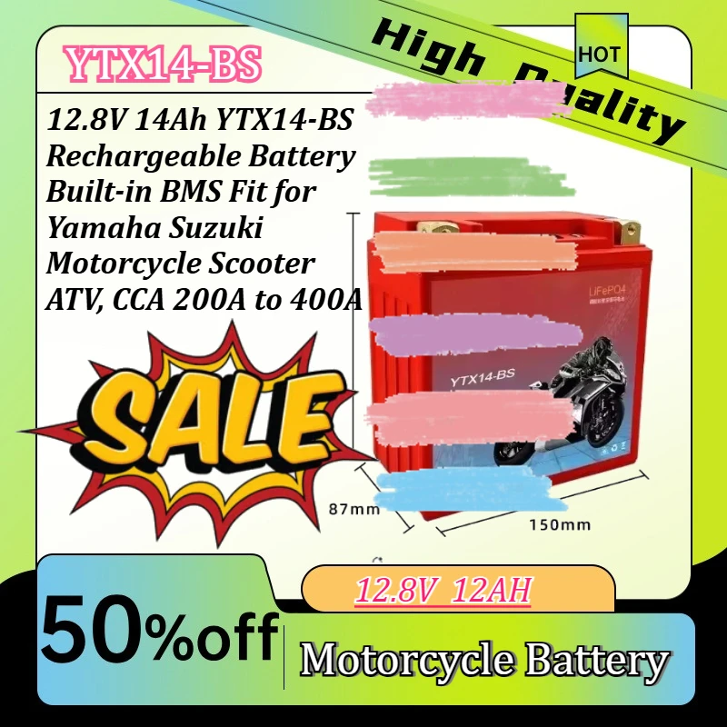 12.8V 14Ah YTX14-BS Rechargeable Battery Built-in BMS Fit for Yamaha Suzuki Motorcycle Scooter ATV, CCA 200A to 400A