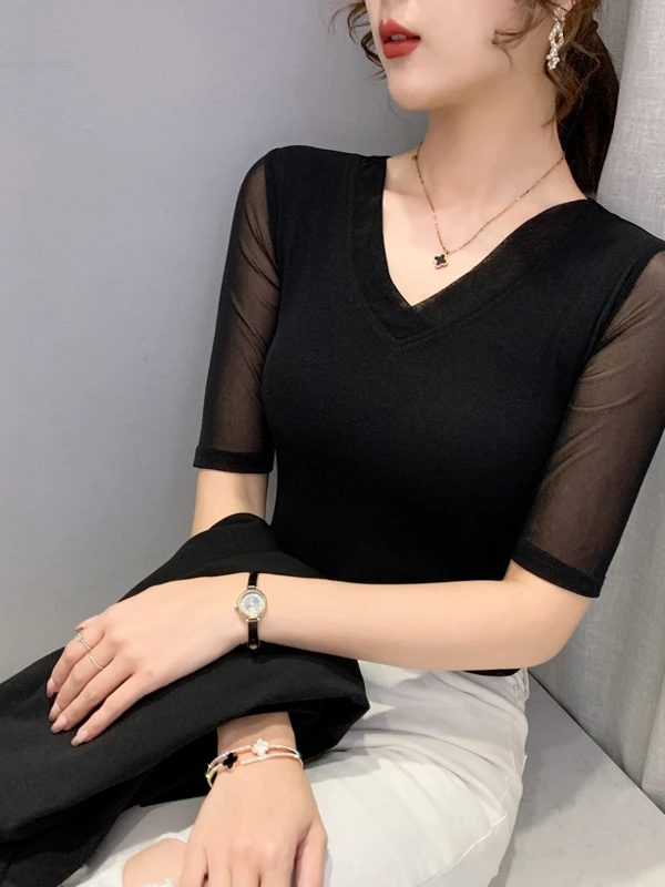 

Spring Summer New Pure Color Me V-ne Five Sve T-irt Women's Inner Wear Single Wear Ele Slimming Top Trend