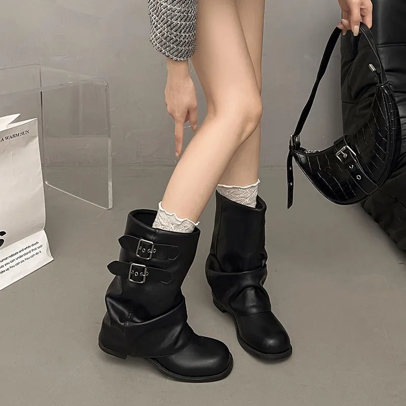Damen Wadenhohe Faltenstiefel Motorradstiefel mit Doppelter Schnalle Blockabsatz Quadratischer Absatz Retro Kunstleder Schlupfstiefel Plissierte Biker Boots Streetwear Lässige Modische Elegante Halbstiefel Herbst – Detail 2