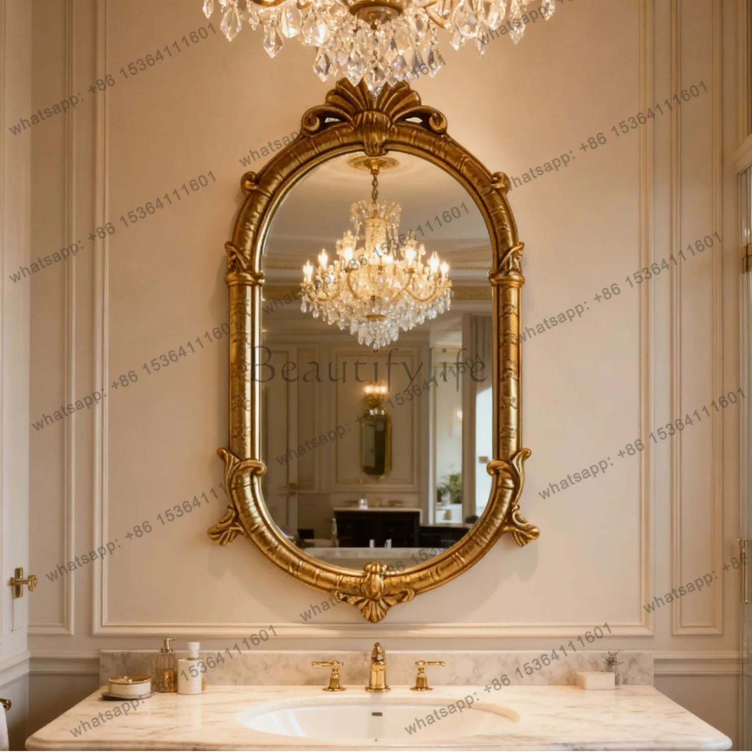 French bathroom mirror European retro carved mirror hanging fireplace decoration