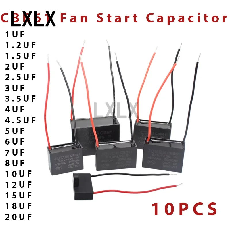 

10pcs CBB61 Fan Start Capacitor 450V AC Motor Run Capacitor 1–20µF 1.2µF / 1.5µF / 2µF / 2.5µF / 3µF / 3.5µF / 4µF / 18µF / 20µF