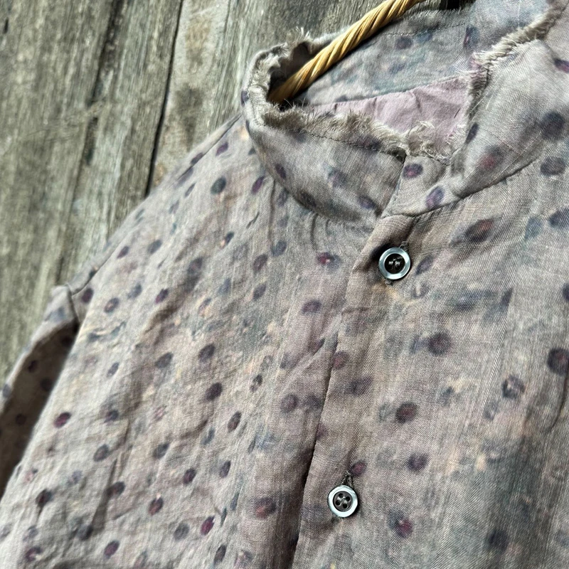 Damskie płaszcze z bawełny i lnu, codzienne, nowość 2025, jesień, styl vintage, stójka, luźne, w kropki, damskie kurtki z długim rękawem M2001