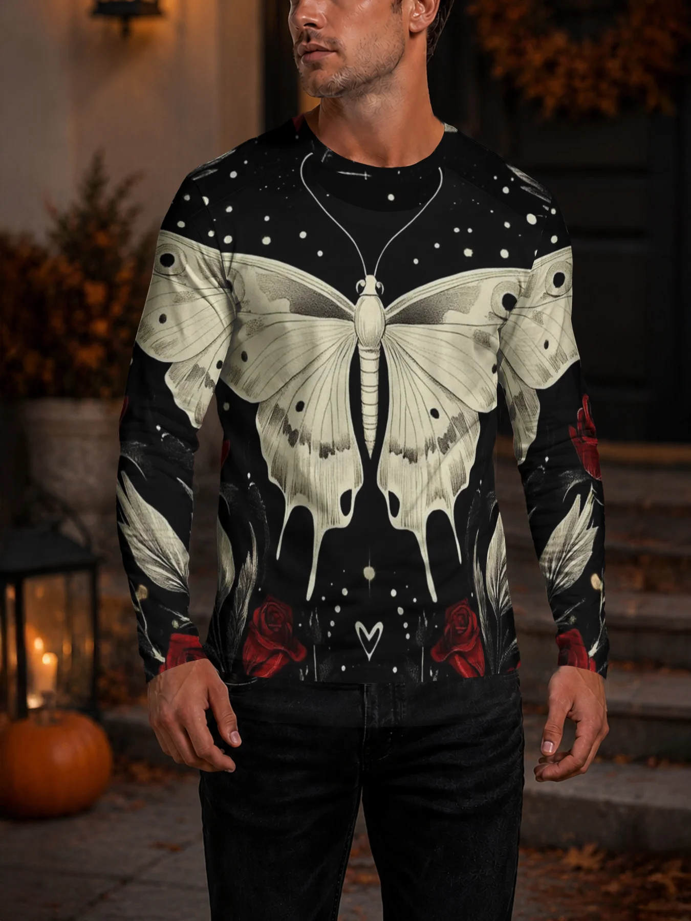 Men Long Sleeve T‑Shirt Vintage Moth Red Rose Galaxy Star Print Crew Neck Gothic Street Casual Tops