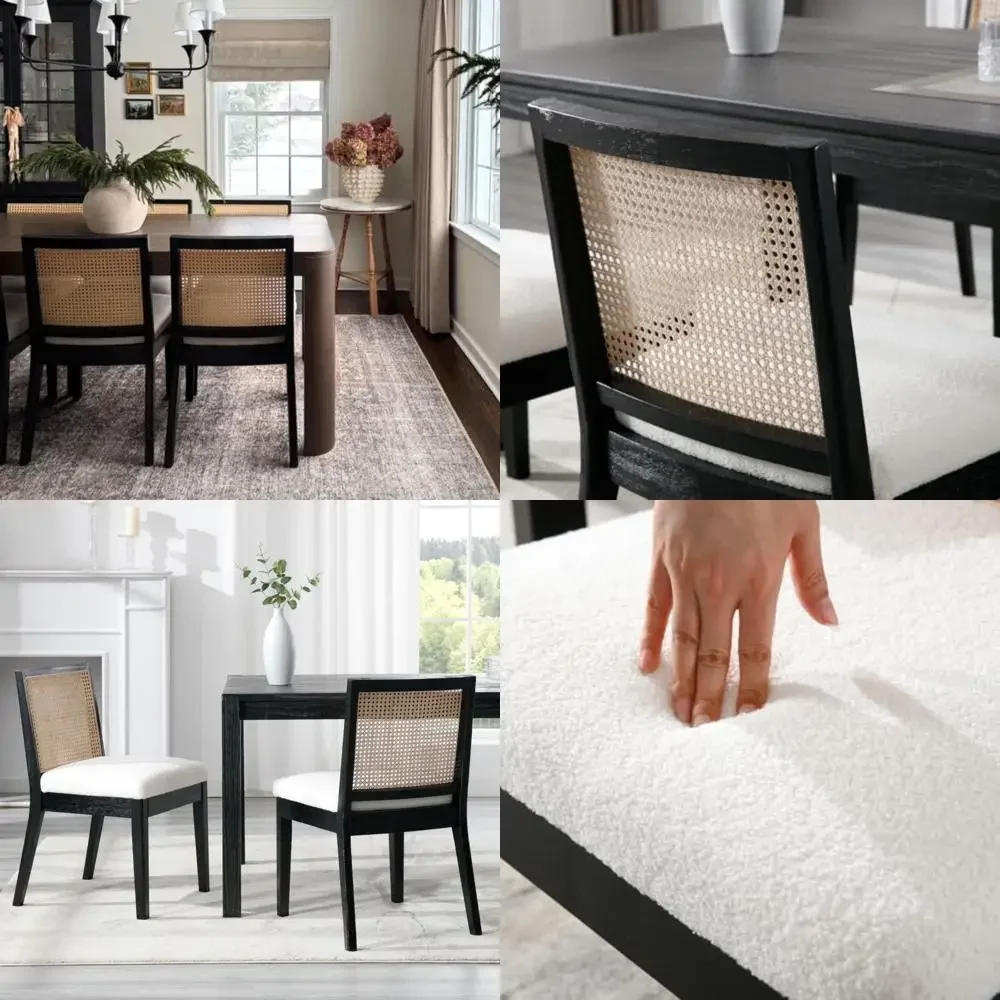 مجموعة من 4 كراسي لتناول الطعام في المزرعة من الروطان مع ظهر قصب وتنجيد شيربا لتناول الطعام الجانبي المريح