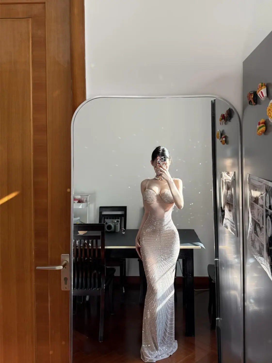 

Long Elegant Diamond Studded High Waist Strap Dress Sexy Trendy Evening Gown Custom Made Luxury Dress for Young Women