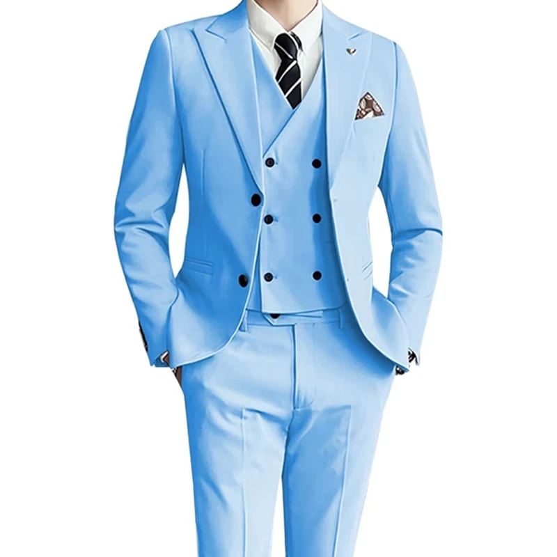 Lansboter Blue Men Suit 3 Pieces With Lapel Solid Business Daily Slim For Wedding Groom Banquet Work Set Jacket Vest With Pants