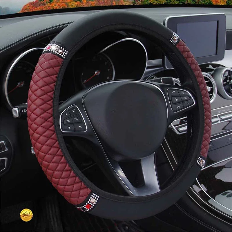 Universeller Auto-Lenkradbezug, 37–38 cm, Leder, bestickt, mit Diamanten besetzt, elastisch, für vier Jahreszeiten – Detail 3