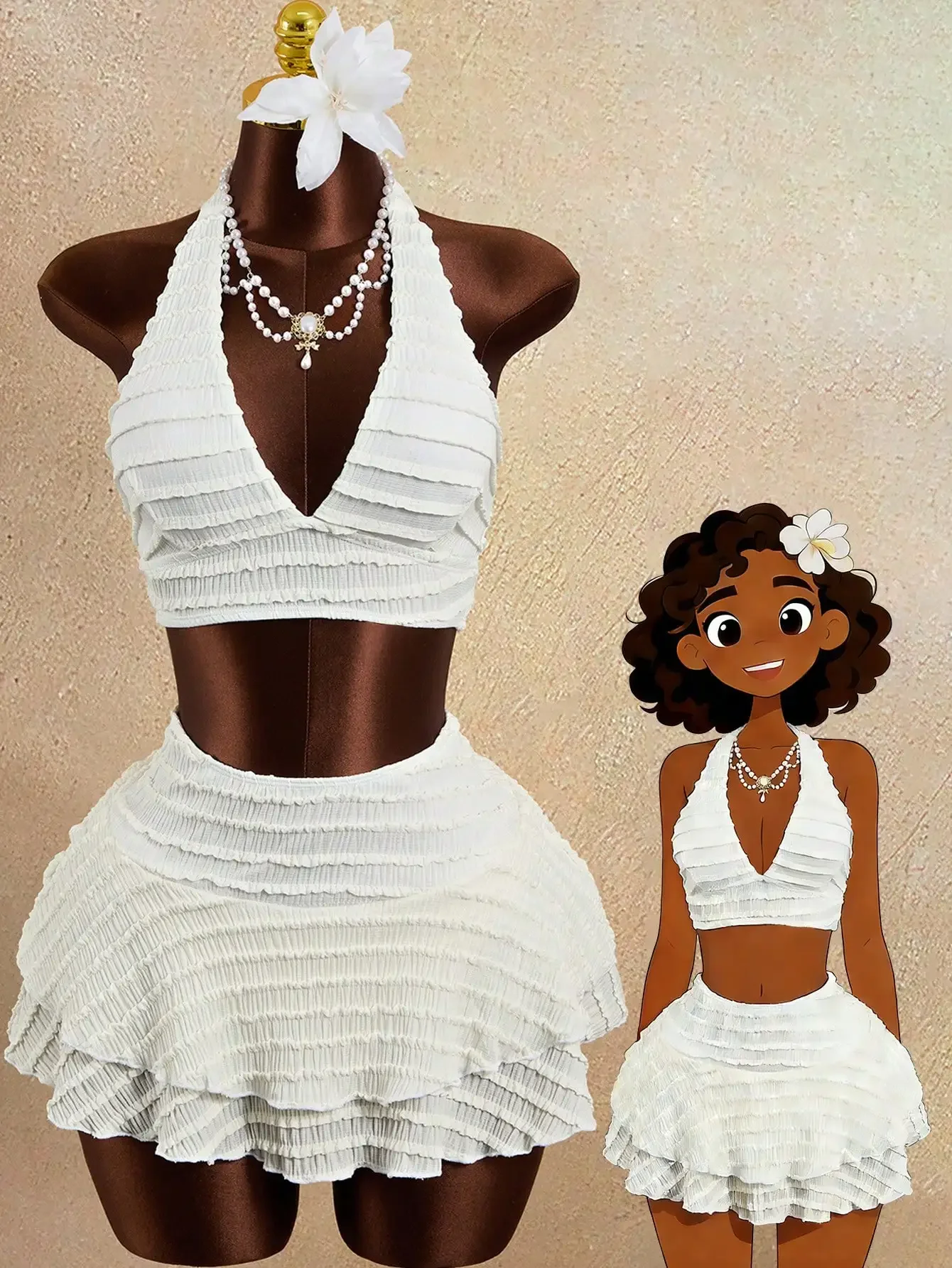 White Ruched Halter Bikini Set With Skirt Cover Up