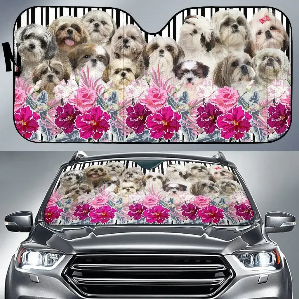 Cute Shih Tzu Family in Flourishing Flowers Car Sunshade, Car Window Sun Cover for Shih Tzu Lovers, Car Windshield Visor for UV