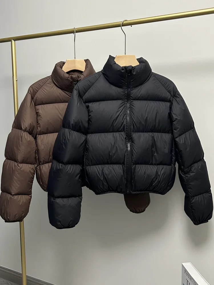 Short Down Jacket for Small Women, 90% White Duck Down, Standing Collar, Black and Coffee