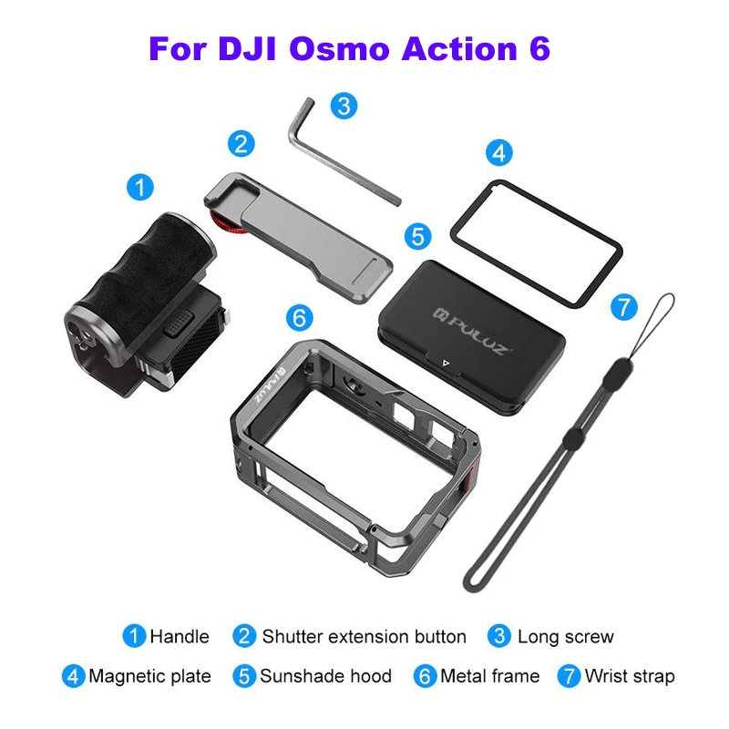 PULUZ metalen camerakooi voor DJI Osmo Action 6 / 5 Pro / Action 4 / Action 3, uitbreidingsadapter voor actiecamera met handgreep.