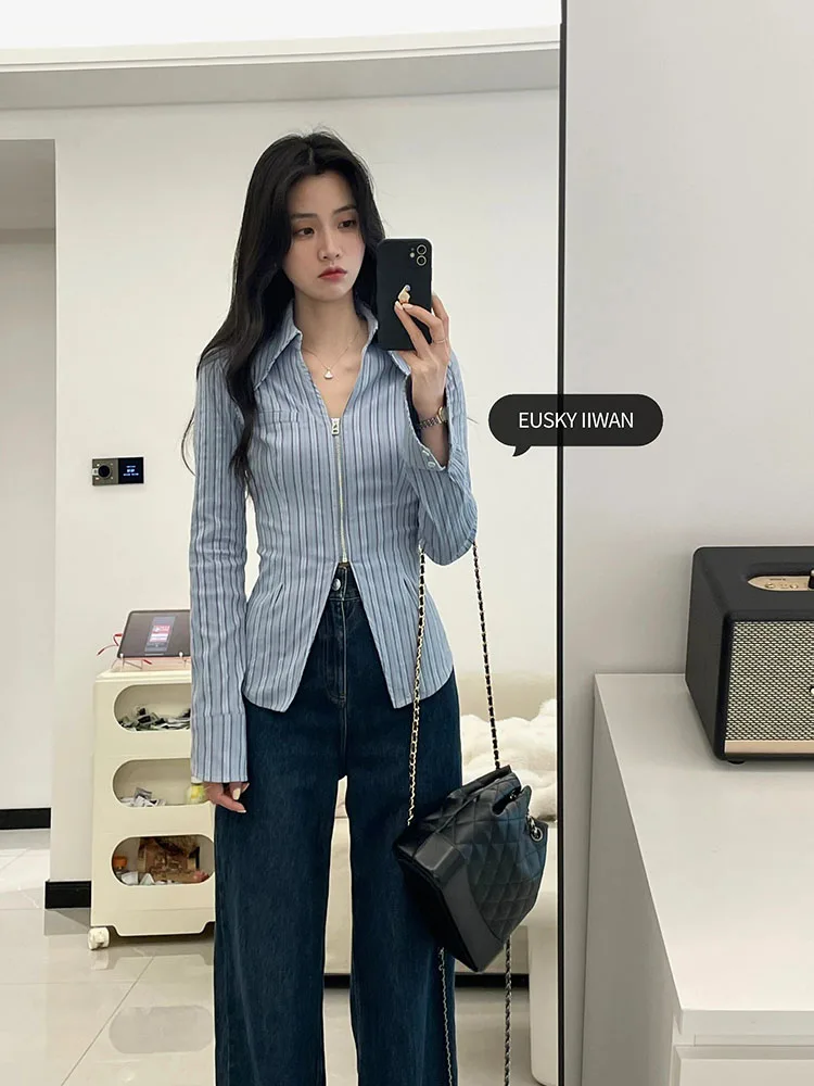 Women Simple Daily Striped Blouses Turn-Down Collar Blue Tops Spring Summer Elegant Office Lady Casual Slim Shirts Streetwear