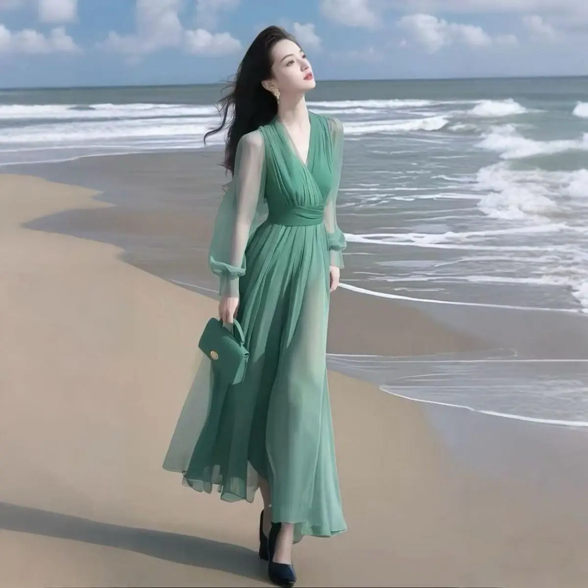 

Women's Casual Loose V-Neck Solid Long Chiffon Dress Spring Summer Pleated Thin Breathable Women's Dresses Holiday Elegant S853