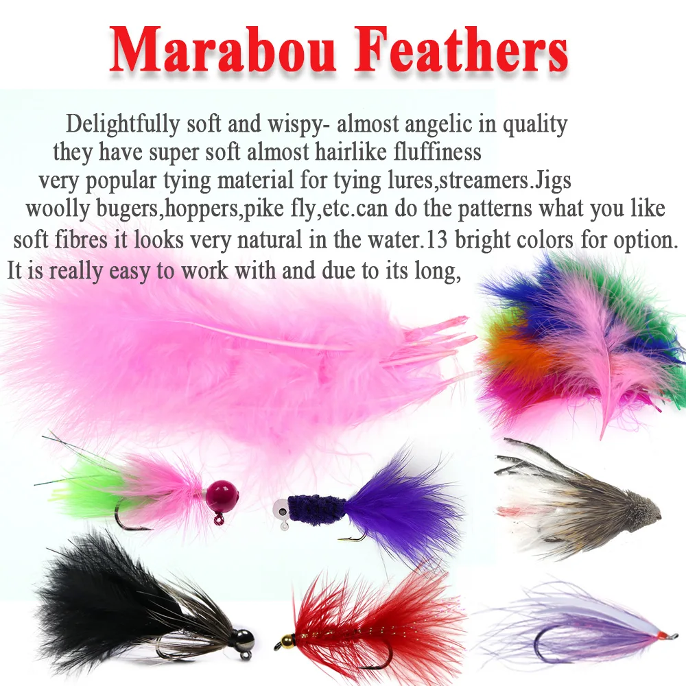 Vtwins  10-18cm Premium Colored Natural Long Marabou Feather Fly Tying  Lures Streamer Jig Woolly Buger Leech Fly Tying Material