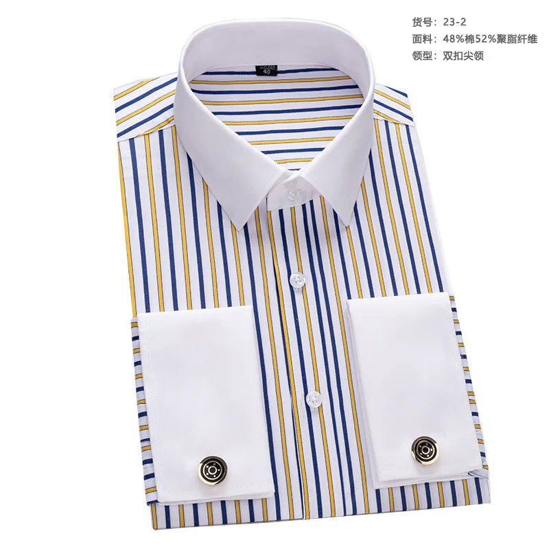 2026 High-grade  French Cufflinks Double Folded Sleeve  Men's Long-sleeved Shirt Men'sWindsor Collar Retro Business Dress
