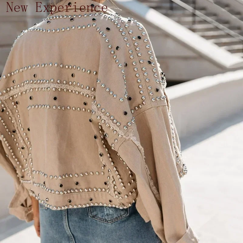 Women's Loose Short Women's High-quality Denim Jacket Handmade Rivet Denim Jacket Basic Coat Motorcycle Style Streetwear