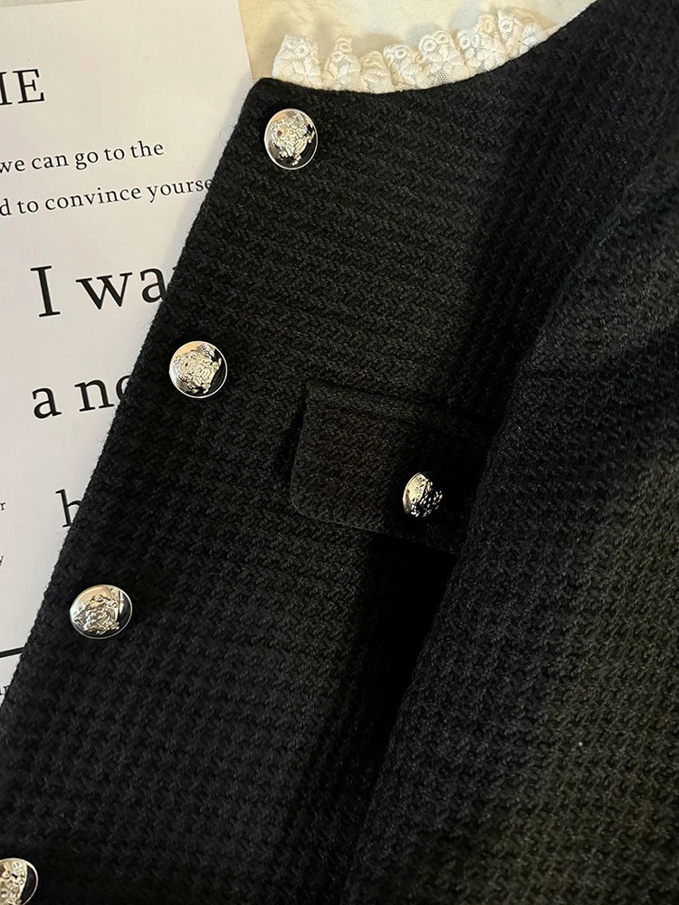 أسود الوقوف طوق الحلل النساء الدانتيل المرقعة أنيقة مكتب سيدة المحاصيل البدلة سترة ربيع الخريف عطر صغير لطيف أبلى #5