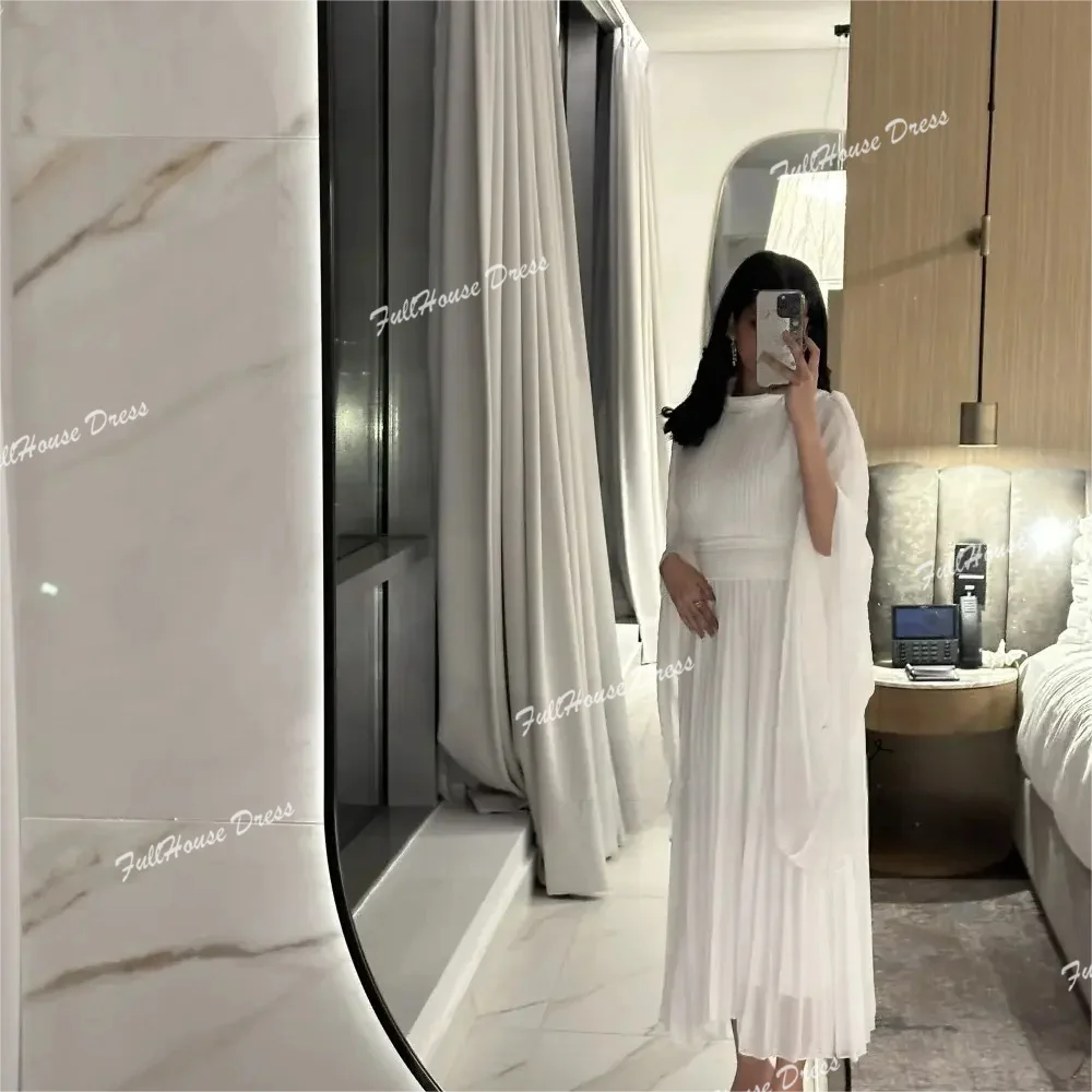 

Custom Made Simple High Neck Chiffon Pleated Formal Evening Dress Long Batwing Sleeve Long Flowing Party Dress vestidos de