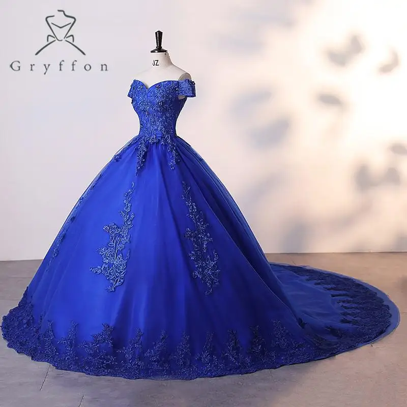 Autumn New Vestidos Blue Quinceanera Dress With Trian Elegant Off The Shoulder Ball Gown Luxury Party Dress Plus Size Prom Gown