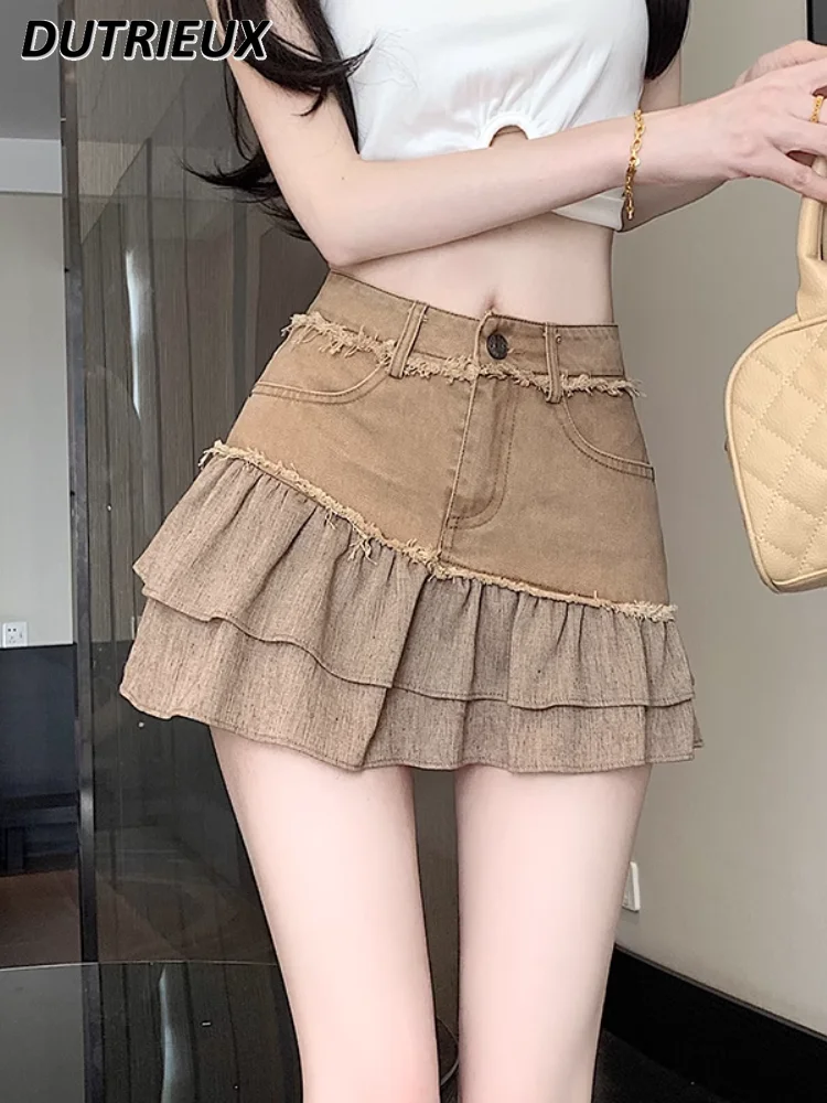 

American Style Hot Girl High Waist Denim Short Skirt Women's Summer Design Frayed Patchwork Ruffled A- Line Mini Skirts