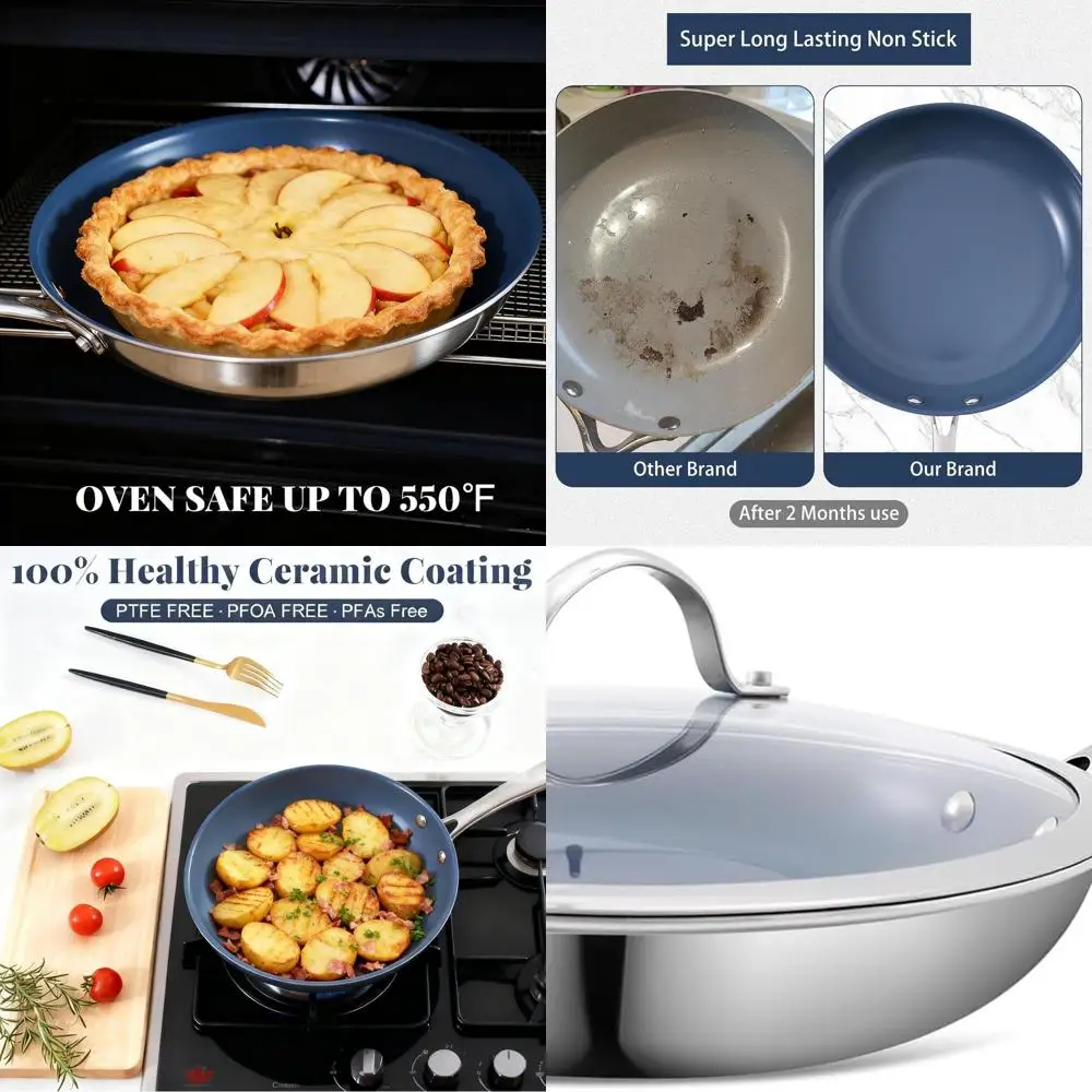 

10-дюймовая сковорода из нержавеющей стали с антипригарным покрытием, керамическим покрытием, индукционной и безопасной для духовки, без ПТФЭ/PFAS/PFOA, подходит для Al