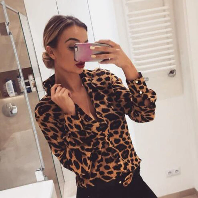 Leopard Print Blouse Women's V-Neck Button Up Long Sleeve Top Spring Autumn Office Lady Work Clothes