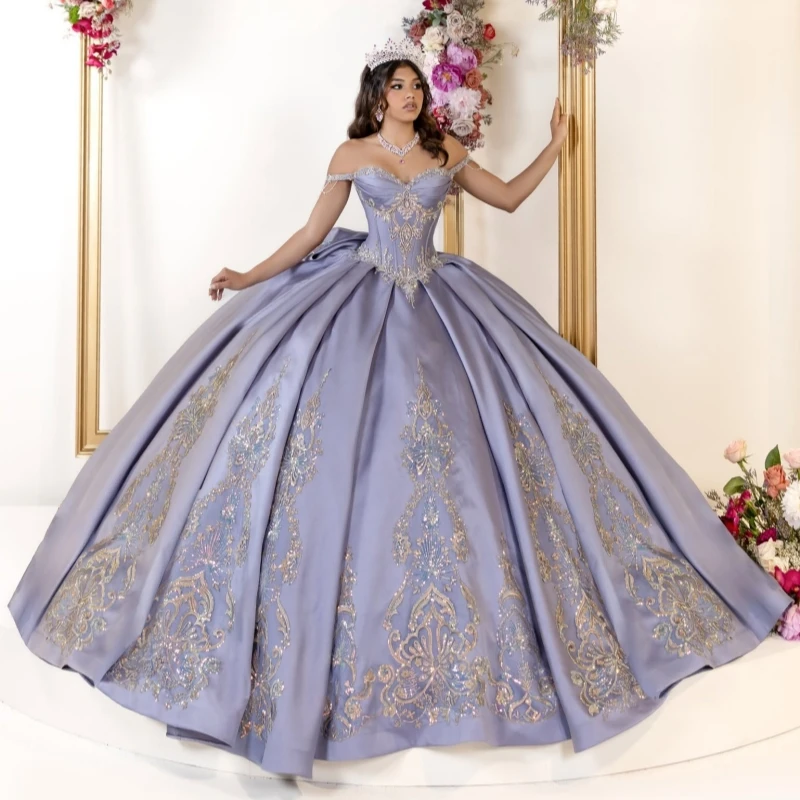 

Navy Blue Shiny Quinceanera Dresses Off The Shoulder Goldv Applique Lace Beading Bow Party Birthday Sweet 16 Dress Vestidos 15