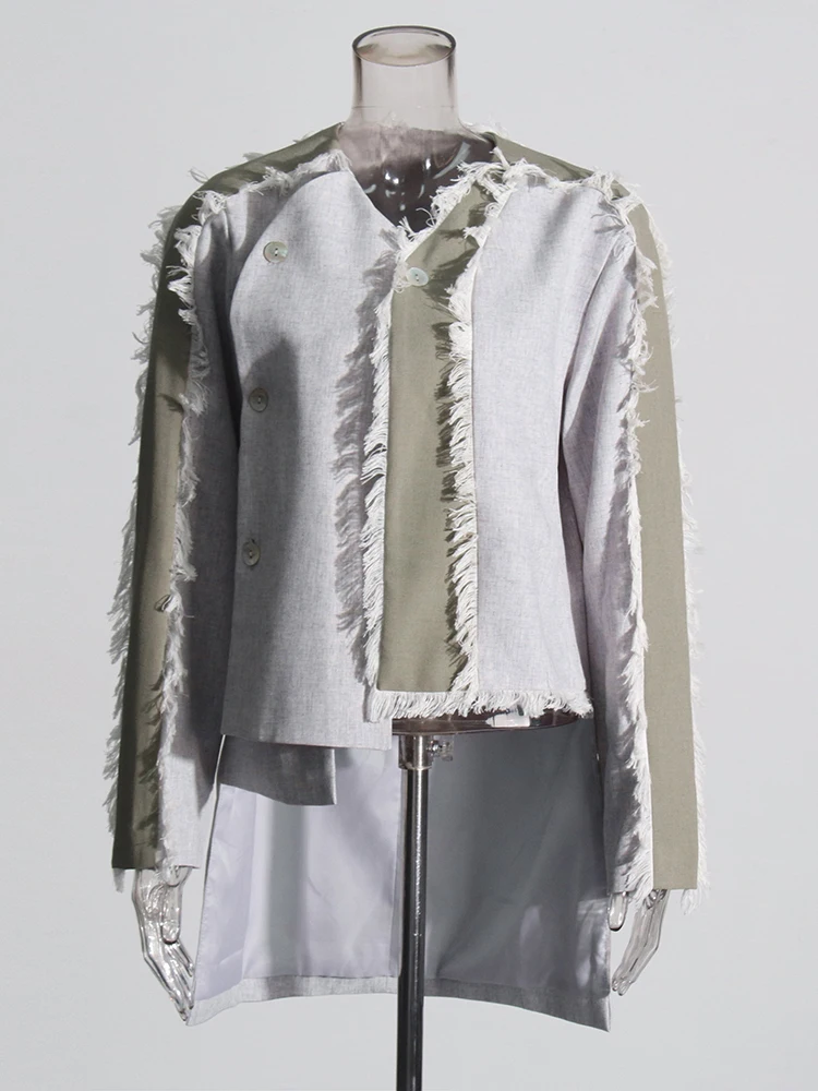 Hit Color Asymmetric Casual Jacket For Women V Neck Long Sleeve Spliced Button Slimming Casual Coats Female Fashion