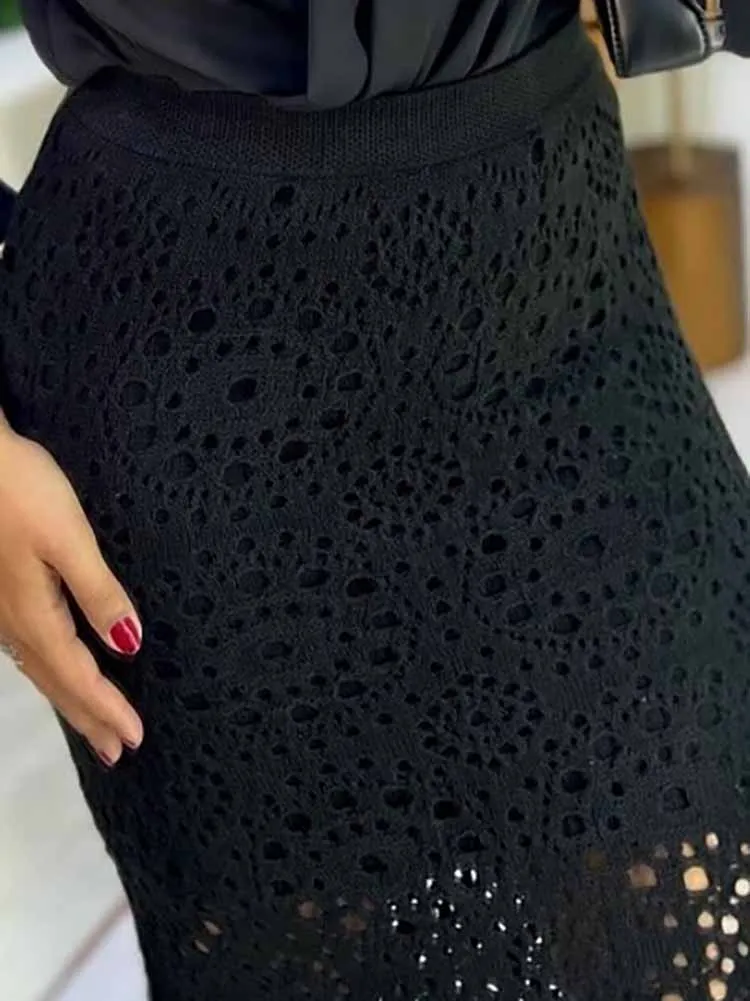 

Элегантная полуюбка с вышивкой крючком, женская модная облегающая длинная юбка с высокой талией, сексуальная однотонная осенняя юбка с вырезами