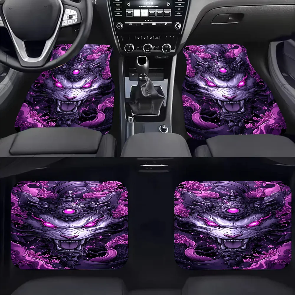 

4 шт. Автомобильные коврики с принтом Cyber Beast Majesty — стильный фиолетовый и розовый аниме-дизайн, прочный полиэстер, легко чистится, подходит всем