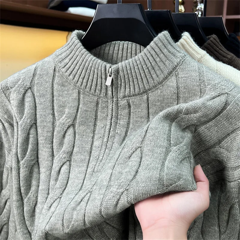 High end solid color jacquard knitted pullover men's new fashion half zipper stand collar winter warm comfort leisure sweater