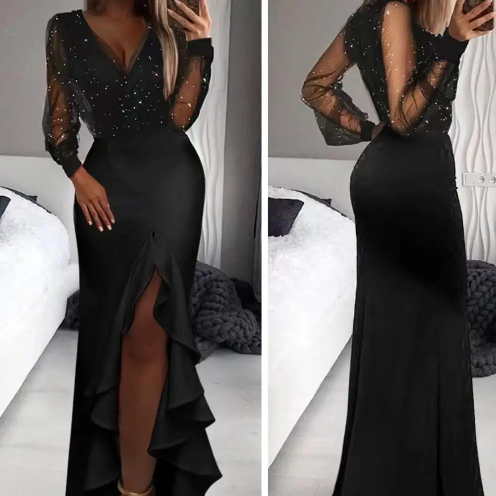 Gonna lunga da donna con scollo a V Elegante abito lungo aderente con paillettes con dettagli in rete Scollo a V con volant Spacco laterale per gli invitati al matrimonio per A
