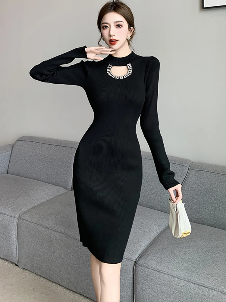 Herbst Winter Schwarz Gestrickte Diamanten Aushöhlen Sexy Midi Kleid Frauen Elegante Luxus Pullover Kleid 2025, Koreanische Bodycon Vestidos