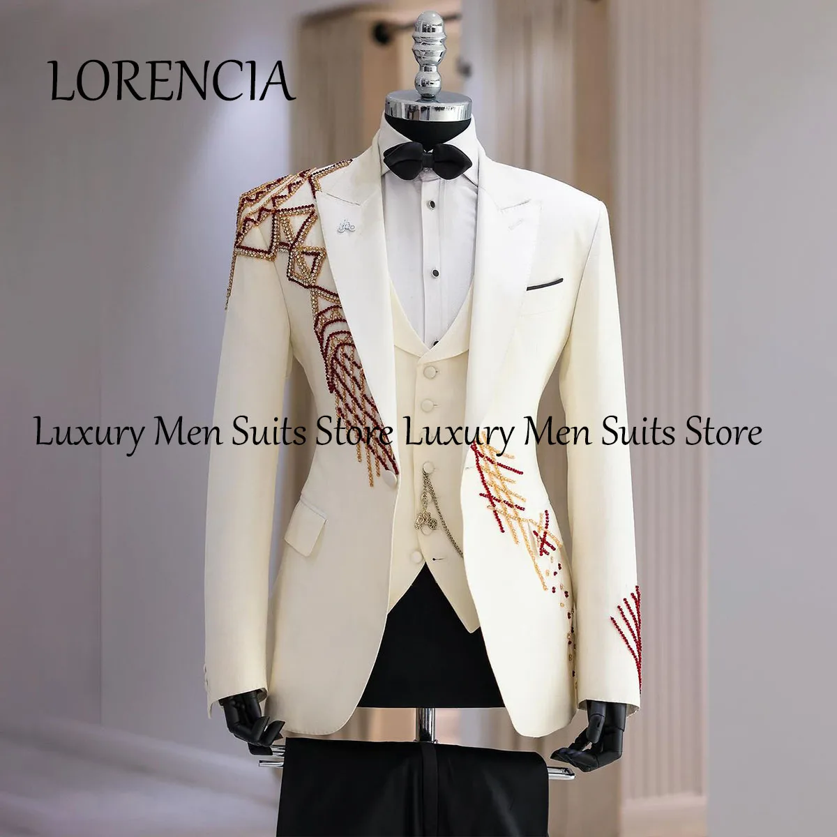 Customized Crystals Men Suits Peaked Lapel Wedding Groom Tuxedos 2 Pieces Sets Male Party Prom Blazer Slim Costume Homme